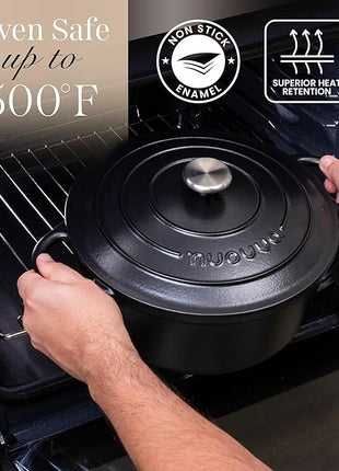 Nuovva Enamelled Cast Iron Dutch Oven Pot with Lid – 6.4 Quart Non Stick Casserole Pot – Heavy Duty & Oven Safe up to 500° F for Bread Baking, Braising, Stews, Roasting – 28cm Black