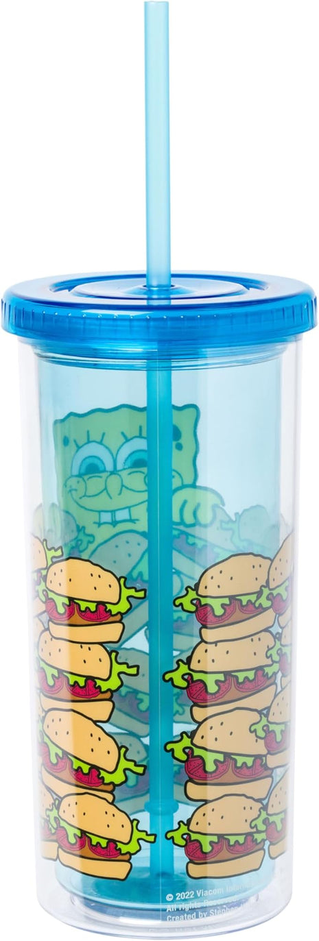 Silver Buffalo Spongebob Squarepants Smiling Krabby Patties Plastic Tall Cold Cup With Lid and Straw, 20 Ounces