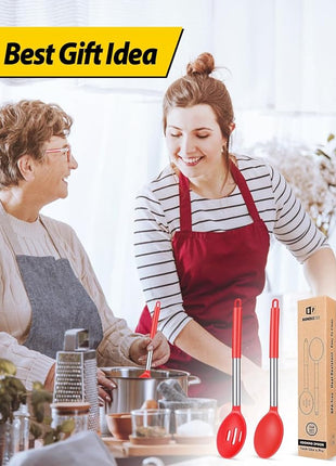 Pack of 2 Large Silicone Cooking Spoons,Non Stick Solid Basting Spoon,Heat-Resistant Kitchen Utensils for Mixing,Serving,Draining,Stirring (RED)