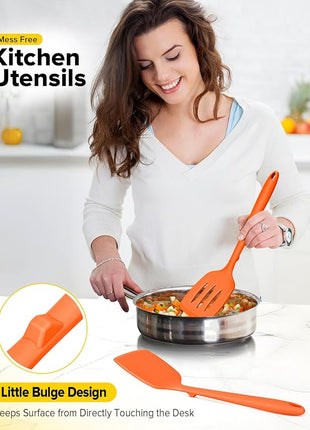 Pack of 2 Silicone Spatula Turners, Non Stick Slotted Kitchen Spatula Set, Heat Resistant BPA Free Kitchen Utensils, One-Piece Design, Suitable for Flipping Fish, Eggs, Steak, Pancakes (ORANGE)