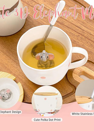 White Elephant Gifts for Adults Cute Elephant Mug with 3D elephant Inside Kawaii Ceramic Coffee Mug Tea Cup with Lid Spoon Friendship Birthday Christmas Gifts for Women Men Sisters Friend Coworkers