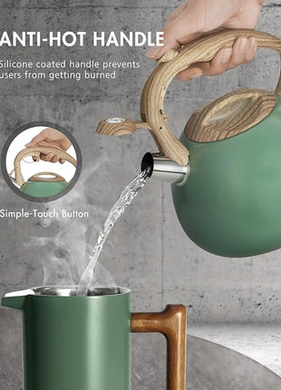 Poliviar Tea Kettle, 2.7 Quart Seaweed Green Finish with Wood Pattern Handle Loud Whistle Food Grade Stainless Steel Teapot, Anti-Hot Handle and Anti-Rust, Suitable for All Heat Sources (JX2020-SB30)