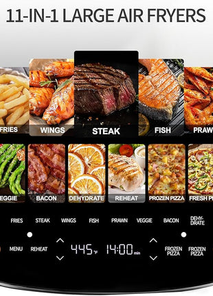 Extra Large Air Fryer,11-IN-1 6 QT 450F Air Fryer with Superior Airflow, Dual Heat Source Technology, Smart Digital Wide Fryer with Basket, Fits a 12" Pizza or 33 Chicken Wings