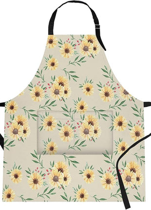 Britimes Sunflower Flower Summer Vintage Spring Apron Home Kitchen Cooking Baking Gardening for Women Men with Pockets 32x28 inch