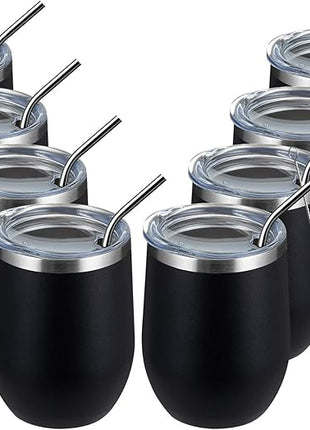 MEWAY 12OZ/8 Pack Wine Tumbler Glasses with Lid - Stemless Double Wall Vacuum Stainless Steel Travel Tumbler - Keeping Cold & Hot for Wine,Coffee,Cocktails,Drinks-Family and Gifts (Black,Set of 8)
