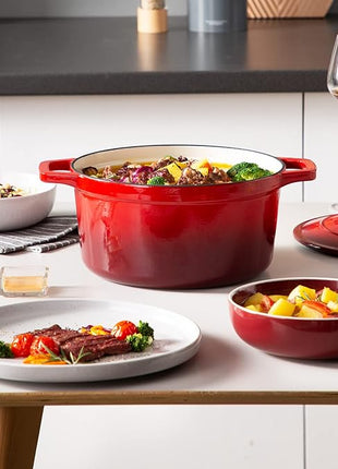 vancasso 6 QT Enameled Cast Iron Dutch Oven with Lid, Dual Handles for Bread Baking, Heavy-duty Round Dutch Oven, Non Stick Coating, All Heat Source, Red