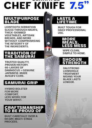 Dalstrong Serrated Chef Knife - 7.5 inch - Shogun Series Elite - Damascus - Japanese AUS-10V Super Steel - Razor Sharp Chef's Knife - Black G10 Handle - w/Sheath