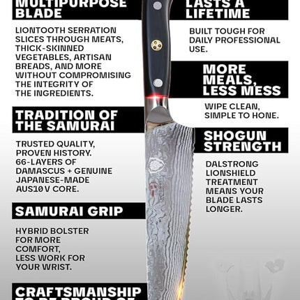Dalstrong Serrated Chef Knife - 7.5 inch - Shogun Series Elite - Damascus - Japanese AUS-10V Super Steel - Razor Sharp Chef's Knife - Black G10 Handle - w/Sheath