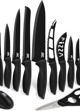 LDC Kitchen Black Knife Set - Stainless Steel, Dishwasher Safe Ergonomic Knives Set with Anti-Slip Handles - Ultra-Sharp Blades - Kitchen Essential Knives - 15 Piece Set