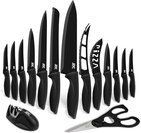 LDC Kitchen Black Knife Set - Stainless Steel, Dishwasher Safe Ergonomic Knives Set with Anti-Slip Handles - Ultra-Sharp Blades - Kitchen Essential Knives - 15 Piece Set