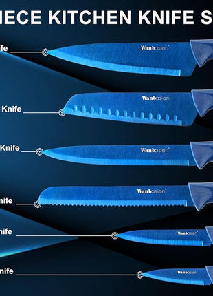 Wanbasion Blue Stainless Steel Knife Set, Sharp Kitchen Knife Set Professional, Kitchen Knife Set Dishwasher Safe with Covers for Cooking