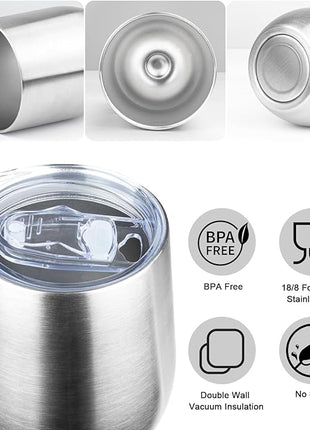 MEZMUT 12oz Insulated Wine Tumbler with Lid Double Wall Vacuum Stainless Steel Wine Glass Coffee Mug Insulated Tumbler Cup for Champaign, Cocktail, Beer (Silver,4 Pack)