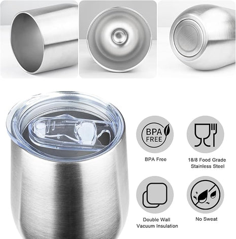 MEZMUT 12oz Insulated Wine Tumbler with Lid Double Wall Vacuum Stainless Steel Wine Glass Coffee Mug Insulated Tumbler Cup for Champaign, Cocktail, Beer (Silver,4 Pack)