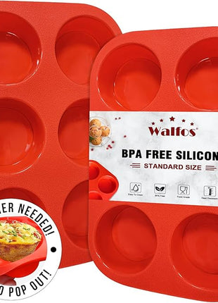 Walfos Silicone Muffin Pan - 6 Cup Non-Stick Silicone Cupcake Pan, Just PoP Out! Food Grade and BPA Free Baking Cups, Perfect for Egg Muffin, Cupcake, Dishwasher Safe (2 Pack Muffin Pan)
