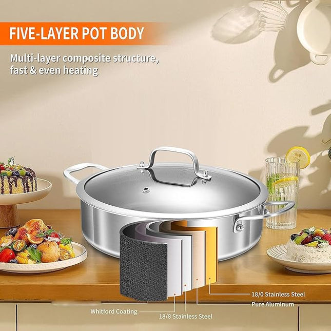 DELARLO Frying Pan,12 inch Skillet with lid,Tri-Ply Stainless Steel Saute Pan 6QT,Dishwasher-Friendly,Stay-Cool Handles,Oven-Safe Up to 660℉