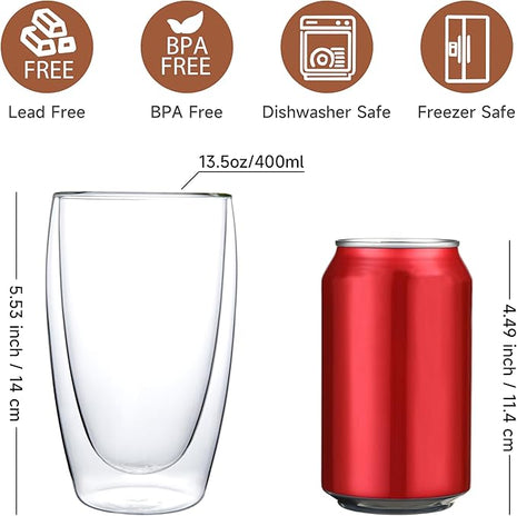 CNGLASS Double Wall Thermo Glass Coffee Cup 13.5 oz,Clear Insulated Glass Coffee Mug for Latte Cappuccino Tea Milk,Set of 4