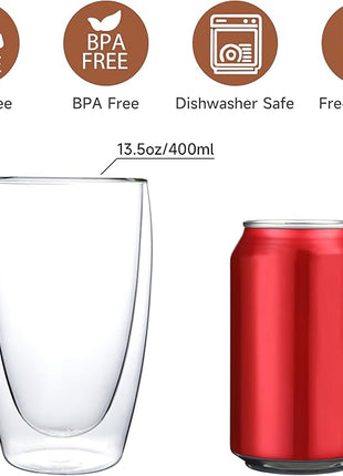 CNGLASS Double Wall Thermo Glass Cup 13.5 oz,Insulated Glass Coffee Set of 2