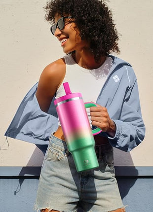 32 oz Tumbler with Handle and Straw: Stainless Steel Insulated Tumbler Keeps Cold for 24 Hours, Leakproof Travel Cup Fits in Cup Holder and BPA-Free, Fuchsia