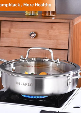 DELARLO Tri-Ply Stainless Steel 10 Inch Frying Pan 3QT Saute Pan With Lid Kitchen Skillets Induction Compatible Chef Cooking Pan Dishwasher & Oven Safe