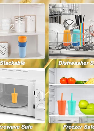 10 oz Wheat Straw Cups with Lids and Silicone Straws, Unbreakable Drinking Glasses, Plastic Cups for Kitchen, Small Tumbler Cups with Cleaning Brush, BPA Free, Dishwasher & Microwave Safe, 6 Pack