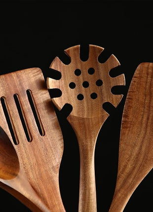 Wooden Kitchen Cooking Utensils Set, NAYAHOSE 7 Pcs Natural Teak Wooden Spoons and Spatulas for Non-stick Pan