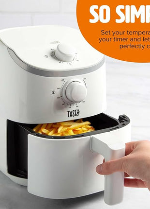 Tasty Personal Air Fryer, Healthier Meals in Minutes, Adjustable Temp Control up to 400°F, Easy-to-Use Design, Nonstick Basket and Tray Made without PFAS, PFOA, PFOS & PTFE, 900 Watts, 2-Quart, White