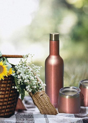 CHILLOUT LIFE 12 oz Stainless Steel Wine Tumblers 2 Pack & 1 Insulated Wine Bottle - Double Wall Vacuum Insulated Wine Glasses Cups with Lids and Straws Set Keeping Cold & Hot Gift Set - Rose Gold