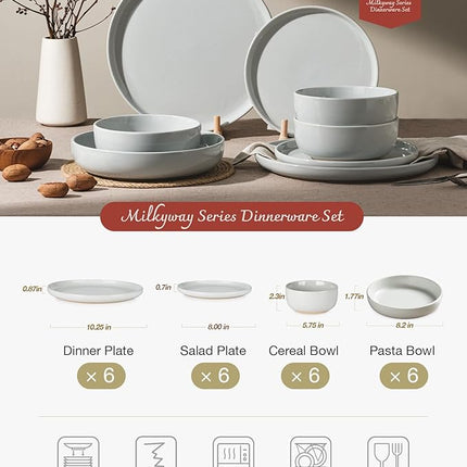 Famiware Milkyway Stoneware Dinnerware Sets with Pasta Bowls, Service for 6 (24 Pieces), Plates and Bowls Sets -Scratch Resistant, Microwave and Dishwasher Safe Dishes Set, Light Gray