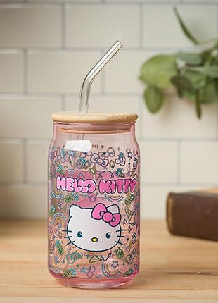 Silver Buffalo Sanrio Hello Kitty Neon Fruits Rainbows and Hearts Pattern Glass Jar Tumbler with Bamboo Lid and Glass Straw, 16 Ounces