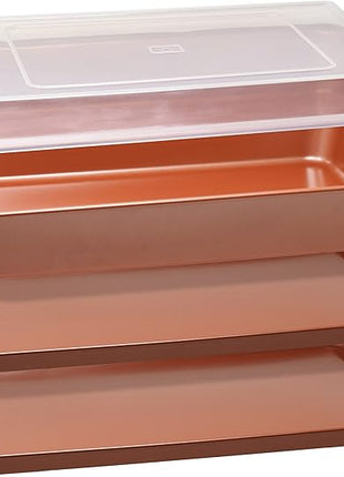 Perlli Baking Sheet 4 Piece Set Nonstick Copper Carbon Steel Oven Bakeware Kitchen Set with Silicone Grips, Includes 2x 9x13" Cookie Sheets, 9x13" Baking Pan with Plastic Lid