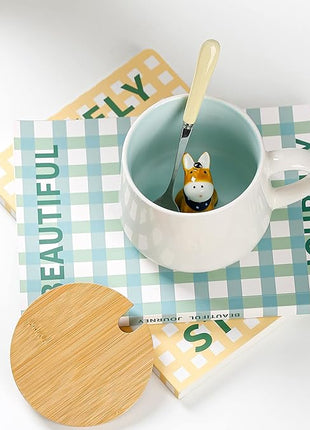 BigNoseDeer Cute Ceramic Donkey Coffee Mug Funny Mug with 3D Animal Inside Kawaii Tea Cup with Spoon and Lid Cool Stuff Christmas Gifts Birthday Mother's Day Cute Gifts for Women Kids 12oz（Donkey）