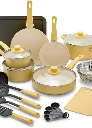 GreenLife Soft Grip Healthy Ceramic Nonstick 18 Piece Kitchen Cookware Pots and Frying Sauce Saute Pans Set, PFAS-Free with Kitchen Utensils and Lid, Dishwasher Safe, Yellow