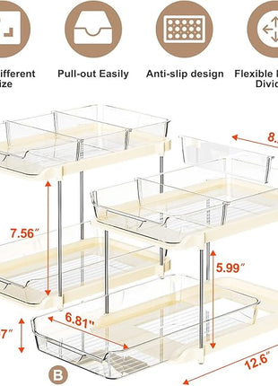Delamu 2-Tier Multi-Purpose Bathroom Under Sink Organizers and Storage, Stackable Kitchen Pantry Organization, Pull Out Medicine Cabinet Organizer with Movable Dividers, Beige, 2 Pack
