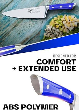 DALSTRONG Chef Knife - 8 inch Blade - Gladiator Series - Forged High Carbon German Steel - Razor Sharp Kitchen Knife - Professional Full Tang Knives - Blue Handle ABS - Sheath - NSF Certified