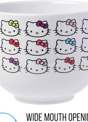 Silver Buffalo Sanrio Hello Kitty Face with Different Color Bows Pattern Ceramic Ramen Noodle Rice Bowl with Chopsticks, Microwave Safe, 20 Ounces