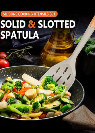 Pack of 2 Silicone Spatula, Non Stick Cooking Utensil Set Wooden Handle Kitchen Turner for Baking Mixing Grilling Serving Food Heat Resistant Non Scratch Hooks Included (Khaki)