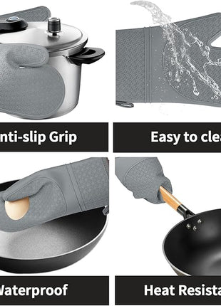 Hovico Silicone Oven Mitts, Heat Resistant 500F Kitchen Mitts 2PCS, 11.6" BPA-Free Soft Baking Gloves, Non-Slip Grip Oven Gloves with Soft Cotton Lining for Kitchen Cooking Baking BBQ - Gray