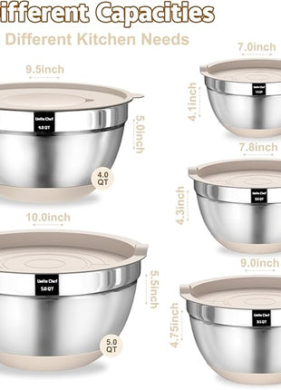 Umite Chef Mixing Bowls with Airtight Lids Set, 8PCS Stainless Steel Khaki Nesting Bowls with Grater Attachments, Kitchen Bowls with Non-Slip Bottoms, Size 5, 4, 3.5, 2, 1.5QT for Mixing & Serving