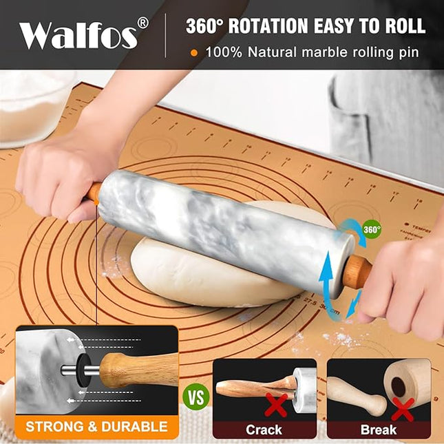 Walfos Marble Rolling Pin Set With Non Stick Silicone Pastry Mat, 16.5 Inch Dough Rolling Pins For Making Pizza, Tortillas And Cookies, Backing Rolling Pin For Pie Crust, Pizza, Pasta (Gray & White)