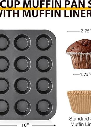 HONGBAKE Muffin Pan with 500 Cupcake Liners, Nonstick Cup Cake Tin for Baking,Premium 12 Cup Cheesecake Trays - Dark Grey