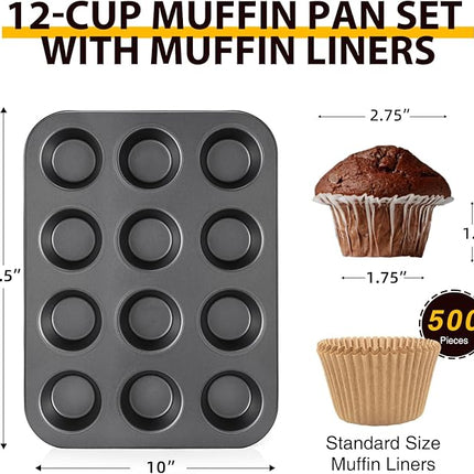 HONGBAKE Muffin Pan with 500 Cupcake Liners, Nonstick Cup Cake Tin for Baking,Premium 12 Cup Cheesecake Trays - Dark Grey