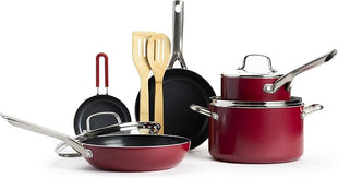 Textured Ceramic Nonstick, 10 Piece Cookware Pots and Pans Set with Stainless Steel Handles, PFAS PFOA & PTFE Free, Dishwasher Safe, Oven & Broiler Safe to 600 Degrees, Red
