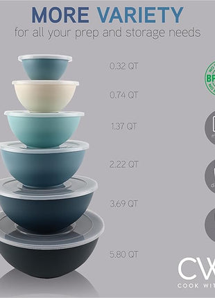 COOK WITH COLOR Plastic Mixing Bowls with Lids - 12 Piece Nesting Bowls Set includes 6 Prep Bowls and 6 Lids, Microwave Safe (Blue Ombre)