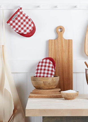 KitchenAid Gingham Cotton Mini Oven Mitt 2-Pack Set, Passion Red, 5.5"x8"