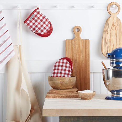 KitchenAid Gingham Cotton Mini Oven Mitt 2-Pack Set, Passion Red, 5.5"x8"
