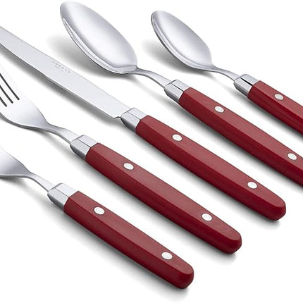 ANNOVA Silverware Set, Retro/Rivet Colorful Stainless Steel Tableware Kitchen Flatware Set Utensils, Includes Dinner Knives, Forks, Spoons, Salad Forks & Dessert Spoons (Red, 20 Pieces)