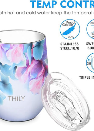 THILY Vacuum Insulated Stemless Wine Tumbler 12 oz Stainless Steel Wine Glass with Lid and Straw, Keep Cold or Hot for Coffee, Cocktails, 2 Pack(Pink Lilies + Lotus Flower)