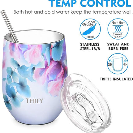 THILY Vacuum Insulated Stemless Wine Tumbler 12 oz Stainless Steel Wine Glass with Lid and Straw, Keep Cold or Hot for Coffee, Cocktails, 2 Pack(Pink Lilies + Lotus Flower)