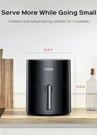 Dreo Air Fryer - 100℉ to 450℉, 4 Quart Hot Oven Cooker with 50 Recipes, 9 Cooking Functions on Easy Touch Screen, Preheat, Shake Reminder, 9-in-1 Digital Airfryer, Black, 4L (DR-KAF002)