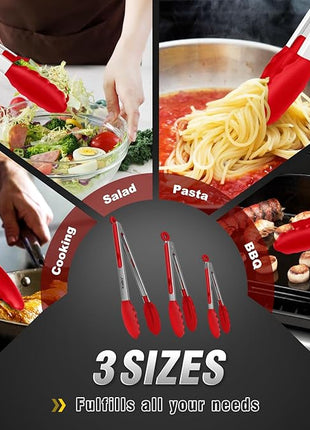 Walfos Kitchen Tongs - 7" 9" and 12" Heat Resistant Cooking Tongs, Stainless Steel and BPA Free Silicone Tips, Great for Cooking, Salad, Grilling, Turning, Dishwasher safe,set of 3